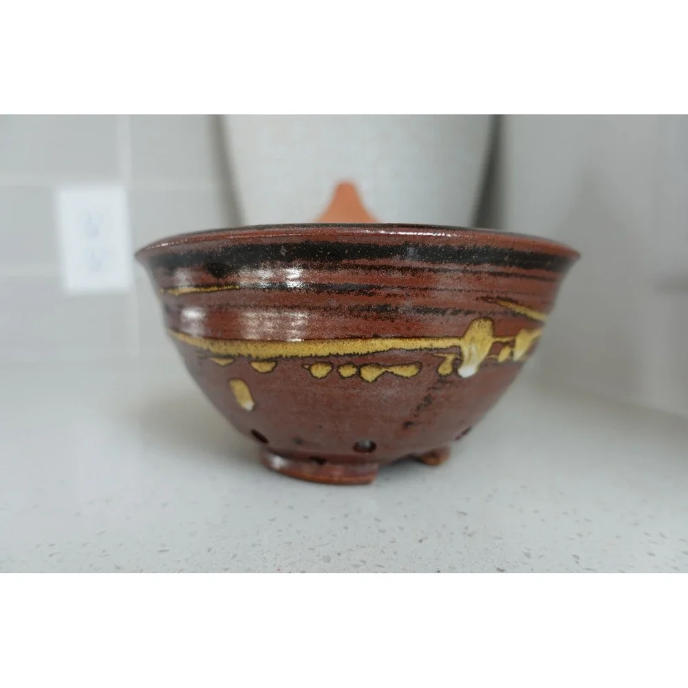 Handmade Pottery Berry Bowl‎ Colander Brown Glazed Ceramic Kitchen Decor